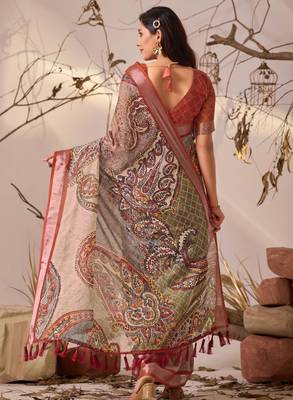 Light beige linen cotton digital paisley print saree with patola style border & matching printed blouse 4