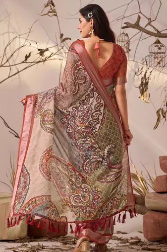 Light beige linen cotton digital paisley print saree with patola style border & matching printed blouse