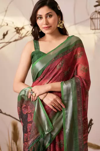 Maroon linen cotton printed saree with traditional weaving design & contrast border – with blouse