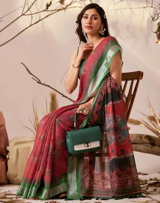Maroon linen cotton printed saree with traditional weaving design & contrast border – with blouse 3