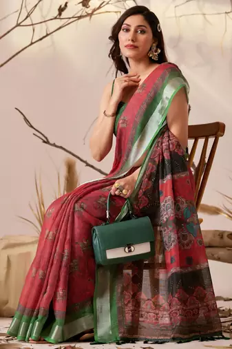 Maroon linen cotton printed saree with traditional weaving design & contrast border – with blouse
