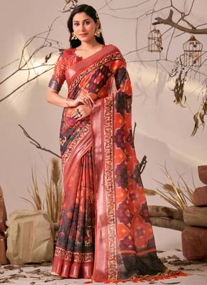 Red printed linen cotton ikat patola style saree | ikat saree with blouse 1
