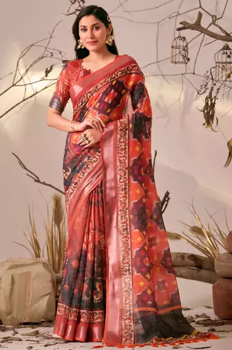 Red printed linen cotton ikat patola style saree | ikat saree with blouse