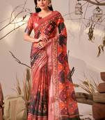 Red printed linen cotton ikat patola style saree | ikat saree with blouse