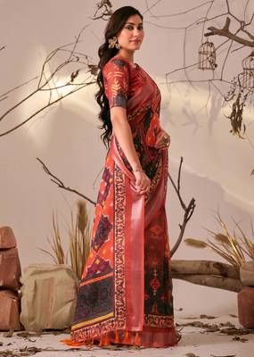 Red printed linen cotton ikat patola style saree | ikat saree with blouse 2