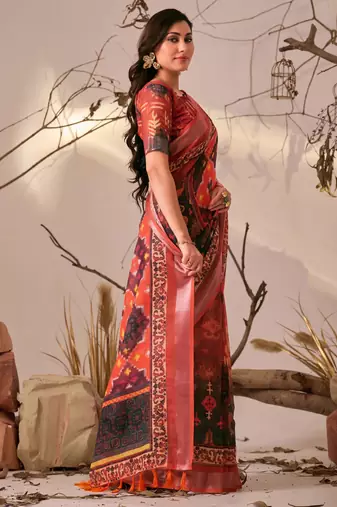Red printed linen cotton ikat patola style saree | ikat saree with blouse