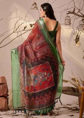 Maroon linen cotton printed saree with traditional weaving design & contrast border – with blouse 4