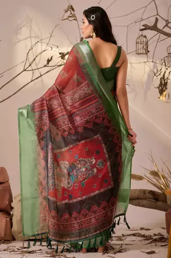 Maroon linen cotton printed saree with traditional weaving design & contrast border – with blouse