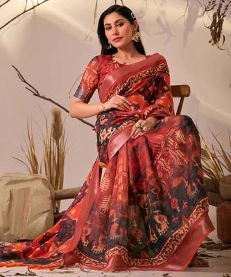 Red printed linen cotton ikat patola style saree | ikat saree with blouse 3