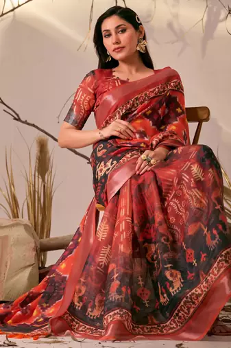 Red printed linen cotton ikat patola style saree | ikat saree with blouse