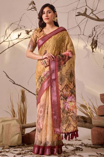 Mustard linen cotton digital floral print patola border designer saree with matching blouse