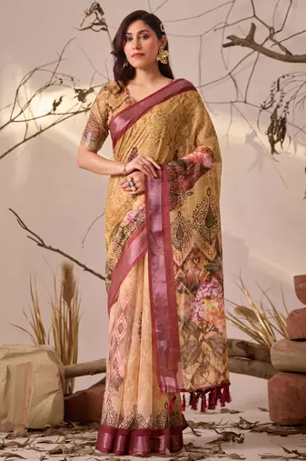 Mustard linen cotton digital floral print patola border designer saree with matching blouse