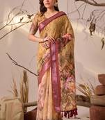 Mustard linen cotton digital floral print patola border designer saree with matching blouse