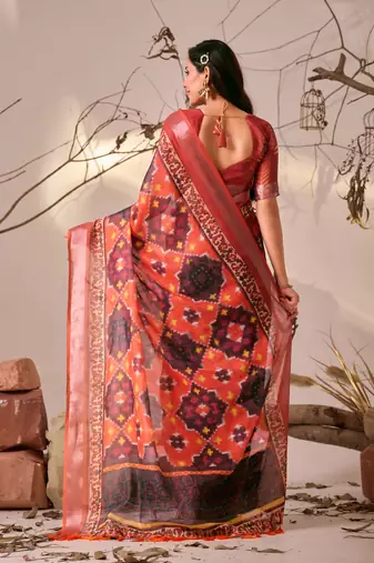 Red printed linen cotton ikat patola style saree | ikat saree with blouse