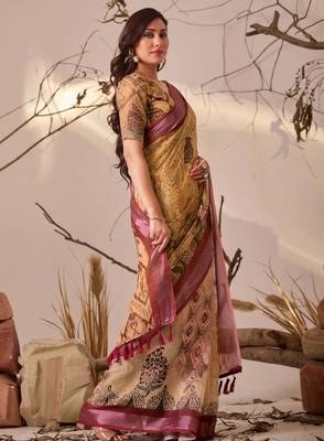 Mustard linen cotton digital floral print patola border designer saree with matching blouse 2