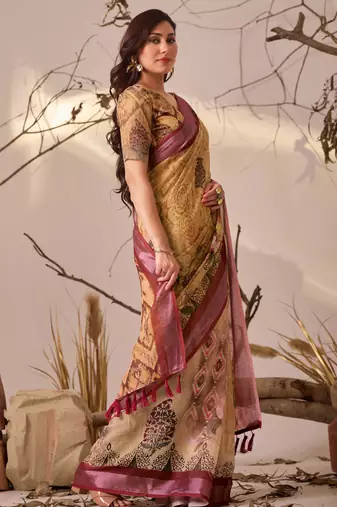 Mustard linen cotton digital floral print patola border designer saree with matching blouse