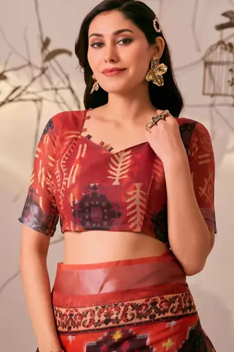 Red printed linen cotton ikat patola style saree | ikat saree with blouse