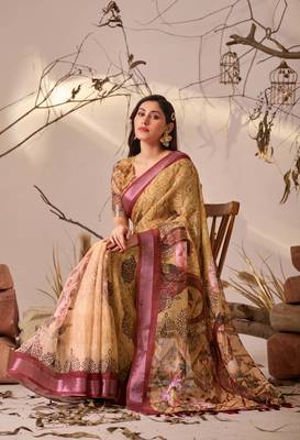 Mustard linen cotton digital floral print patola border designer saree with matching blouse 3