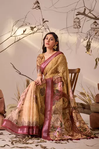 Mustard linen cotton digital floral print patola border designer saree with matching blouse