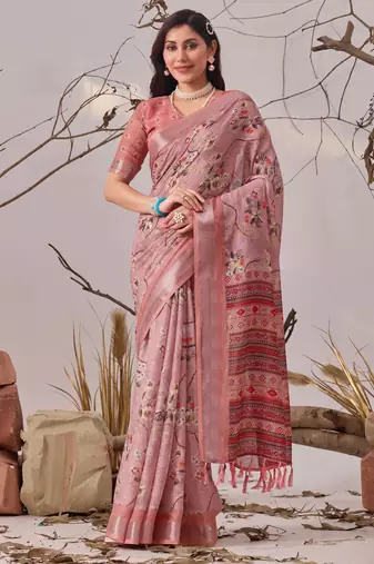 Mauve linen cotton saree with digital floral print & patola border | elegant printed saree with blouse