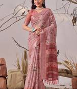 Mauve linen cotton saree with digital floral print & patola border | elegant printed saree with blouse
