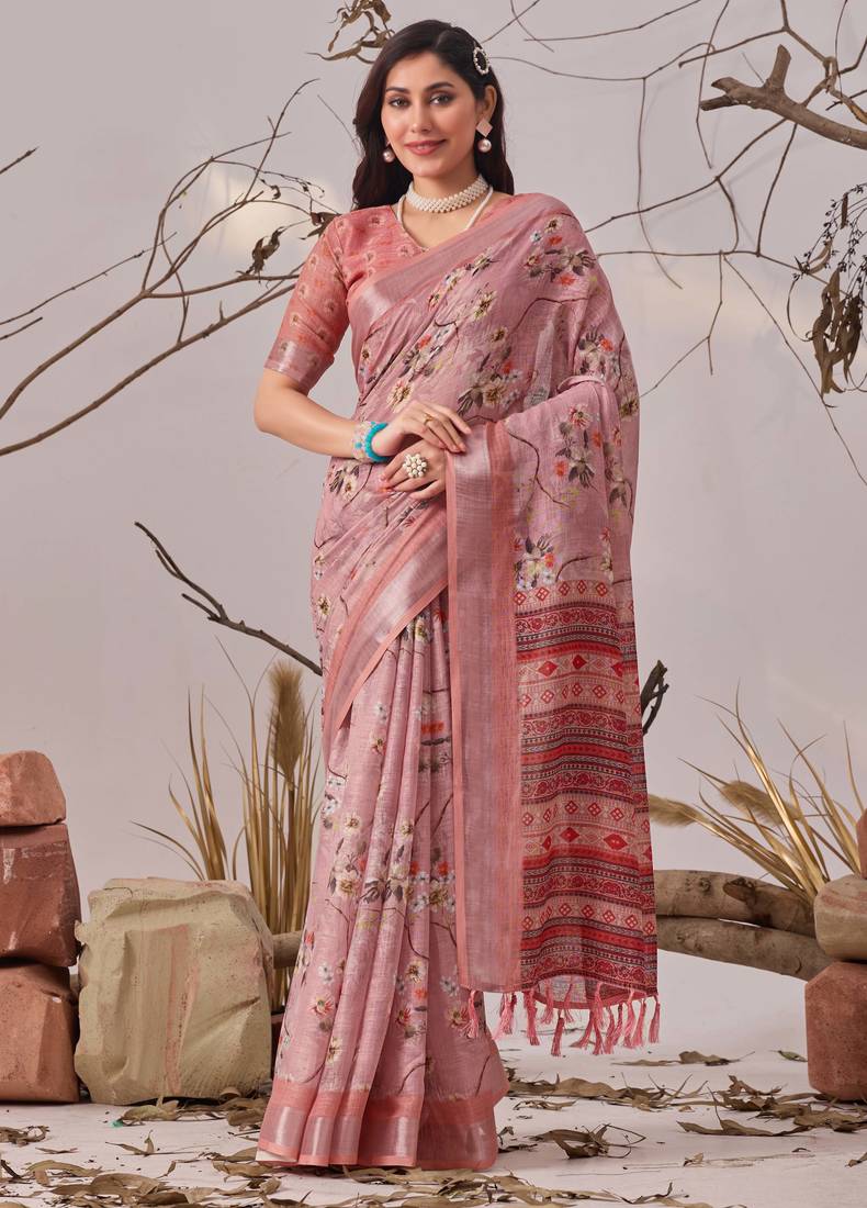 Mauve linen cotton saree with digital floral print & patola border | elegant printed saree with blouse