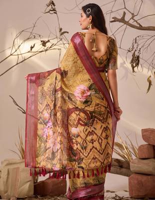 Mustard linen cotton digital floral print patola border designer saree with matching blouse 4