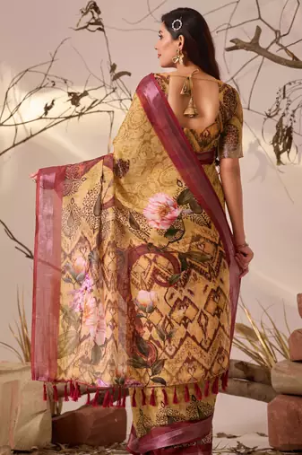 Mustard linen cotton digital floral print patola border designer saree with matching blouse