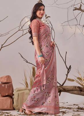 Mauve linen cotton saree with digital floral print & patola border | elegant printed saree with blouse 2