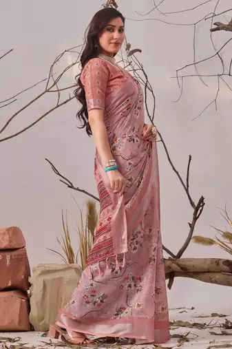 Mauve linen cotton saree with digital floral print & patola border | elegant printed saree with blouse