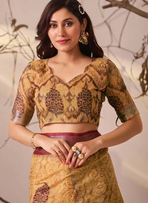 Mustard linen cotton digital floral print patola border designer saree with matching blouse 5