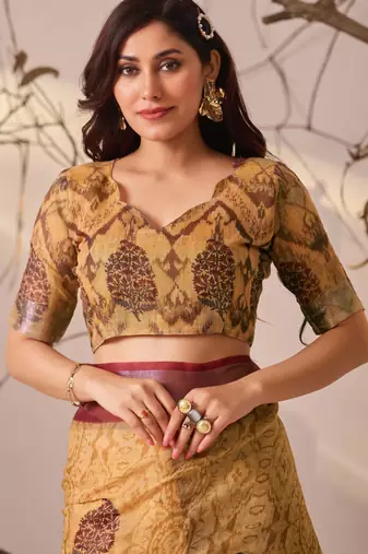 Mustard linen cotton digital floral print patola border designer saree with matching blouse