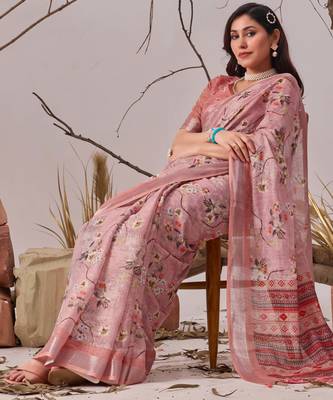 Mauve linen cotton saree with digital floral print & patola border | elegant printed saree with blouse 3