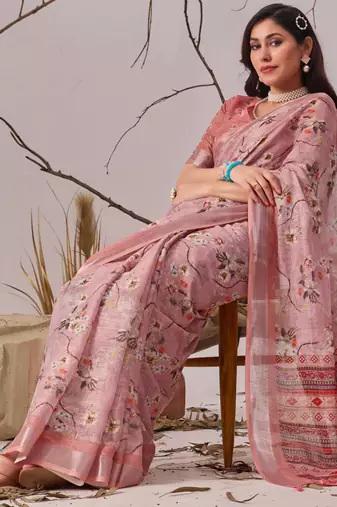 Mauve linen cotton saree with digital floral print & patola border | elegant printed saree with blouse