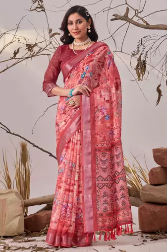 Rose linen cotton digital floral printed saree with patola border & matching blouse