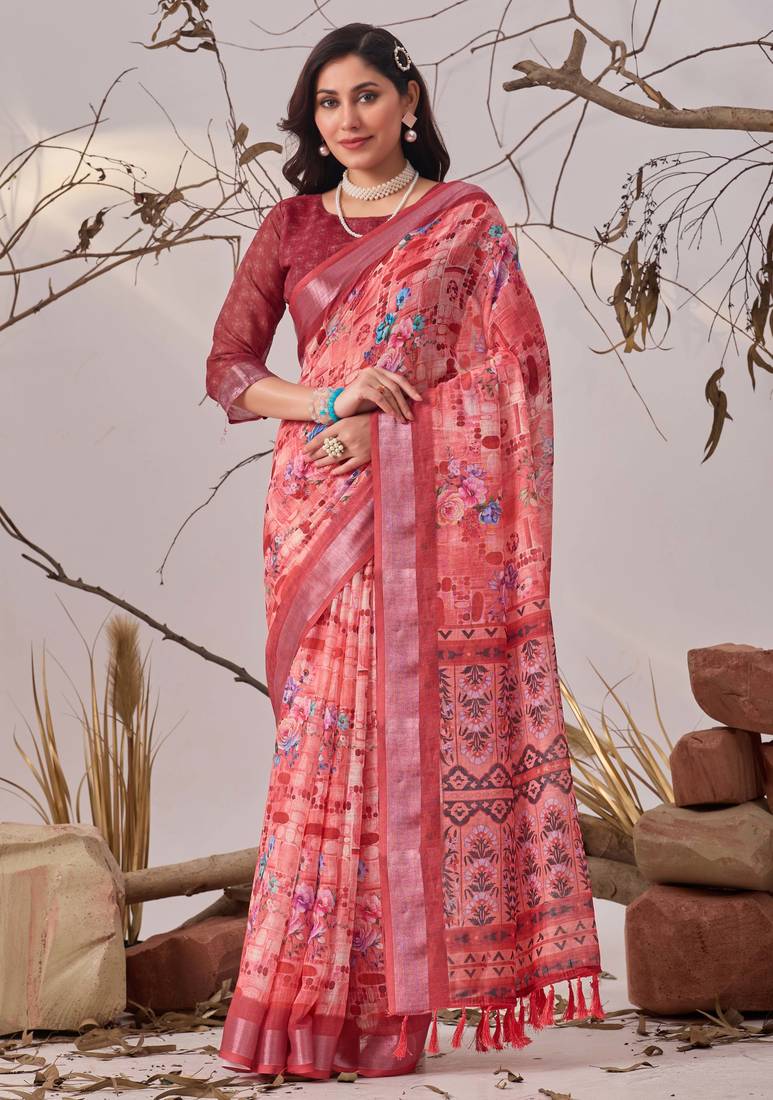 Rose linen cotton digital floral printed saree with patola border & matching blouse