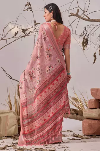Mauve linen cotton saree with digital floral print & patola border | elegant printed saree with blouse