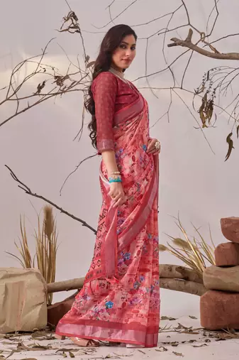 Rose linen cotton digital floral printed saree with patola border & matching blouse