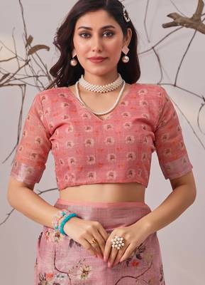 Mauve linen cotton saree with digital floral print & patola border | elegant printed saree with blouse 5
