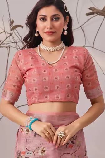 Mauve linen cotton saree with digital floral print & patola border | elegant printed saree with blouse