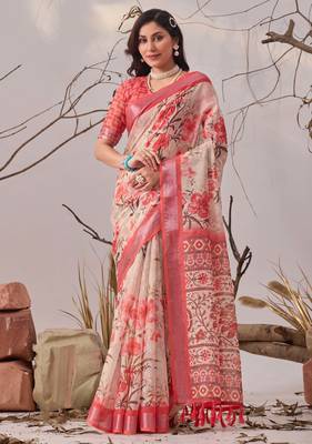Peach printed linen cotton saree with floral design & patola border – elegant daily wear saree with matching blouse 1