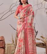 Peach printed linen cotton saree with floral design & patola border – elegant daily wear saree with matching blouse
