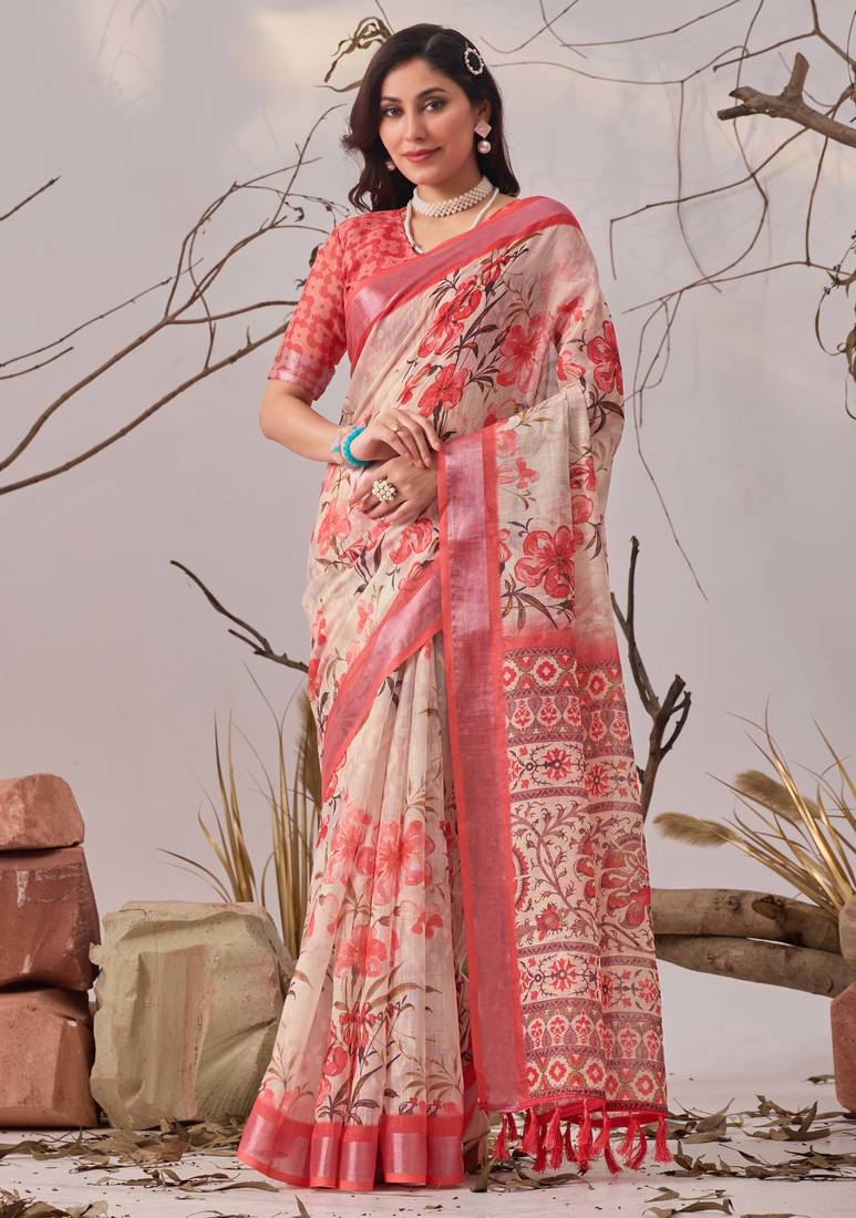 Peach printed linen cotton saree with floral design & patola border – elegant daily wear saree with matching blouse
