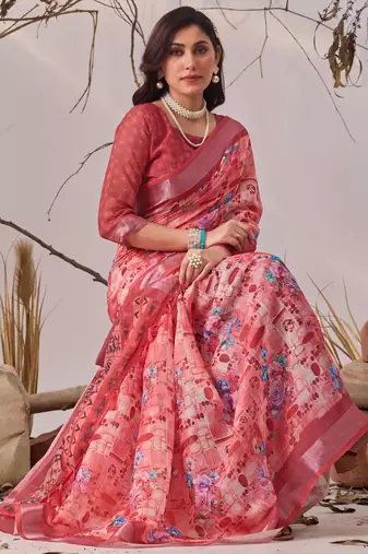 Rose linen cotton digital floral printed saree with patola border & matching blouse