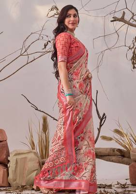 Peach printed linen cotton saree with floral design & patola border – elegant daily wear saree with matching blouse 2