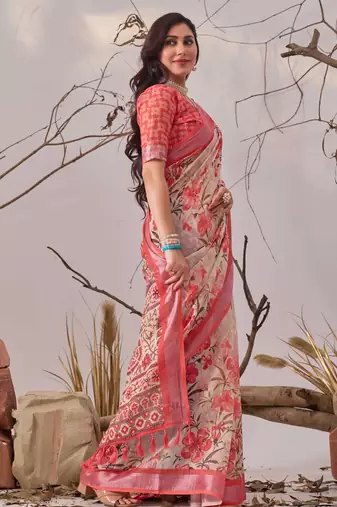 Peach printed linen cotton saree with floral design & patola border – elegant daily wear saree with matching blouse