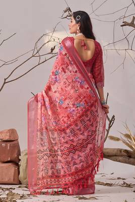 Rose linen cotton digital floral printed saree with patola border & matching blouse 4