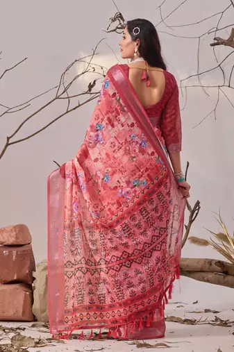 Rose linen cotton digital floral printed saree with patola border & matching blouse