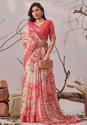 Peach printed linen cotton saree with floral design & patola border – elegant daily wear saree with matching blouse 3