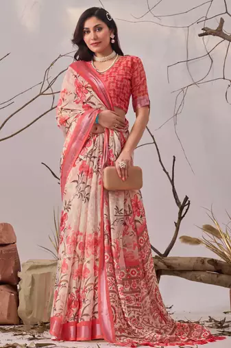 Peach printed linen cotton saree with floral design & patola border – elegant daily wear saree with matching blouse
